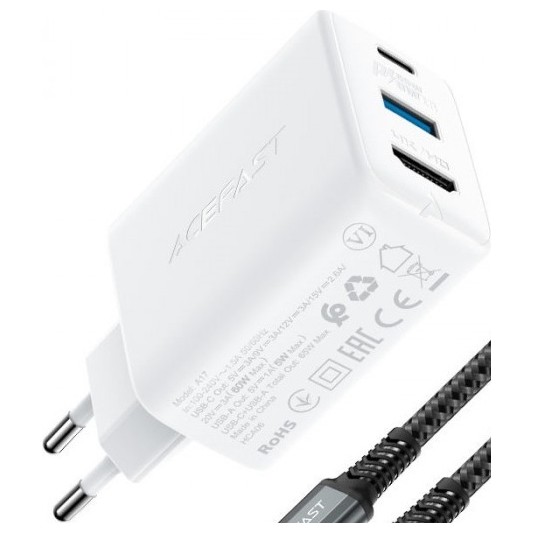 Зарядное устройство ACEFAST A17 65W GaN USB-C+USB+HDMI Белый