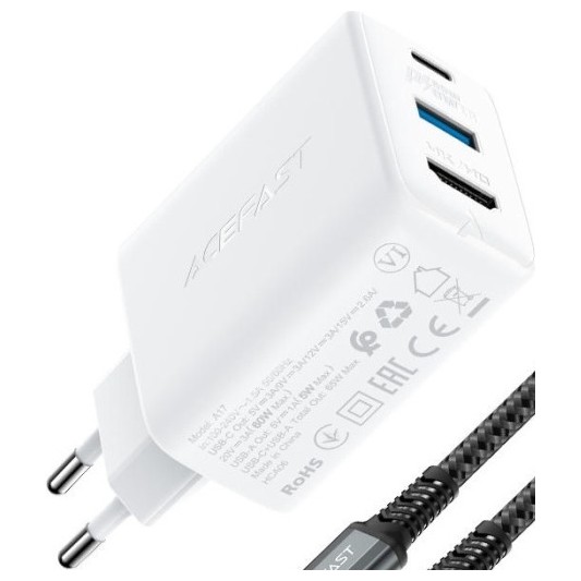 Зарядное устройство ACEFAST A17 65W GaN USB-C+USB+HDMI Белый | Фото 2 из 2