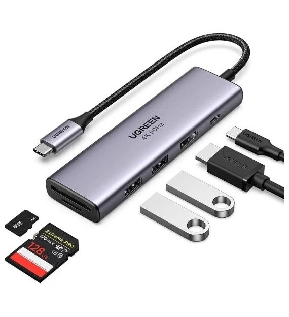 Стыковочная станция UGREEN Adapter 6-in-1 USB-C, Серый (70411) | Фото 2 из 3