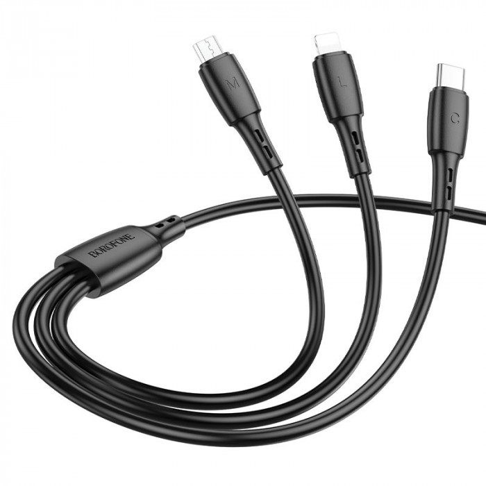 Кабель Borofone BX71 3 в 1 Micro+Type-C+Lighting Черный | Фото 1 из 2