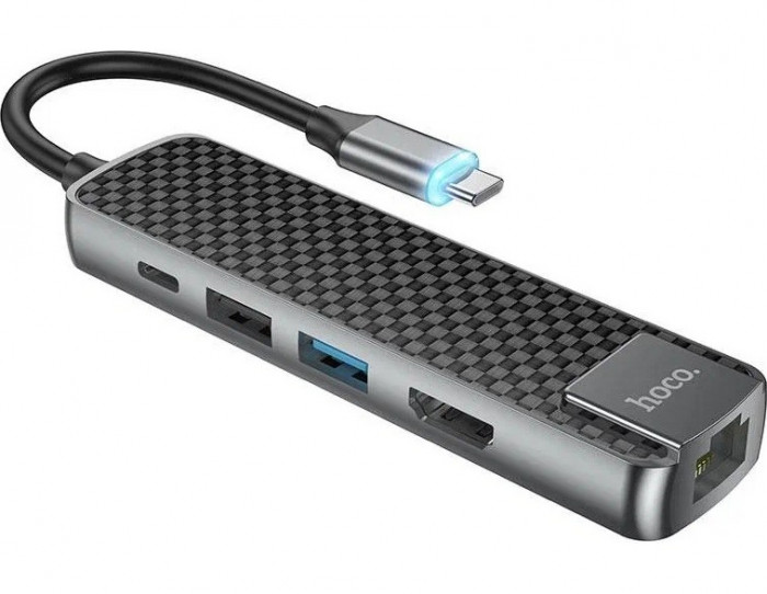 Стыковочная станция HOCO HB23 USB-C to USB3.0 + USB2.0 + PD60W + HDMI 4K + RJ45 Серый | Фото 1 из 2