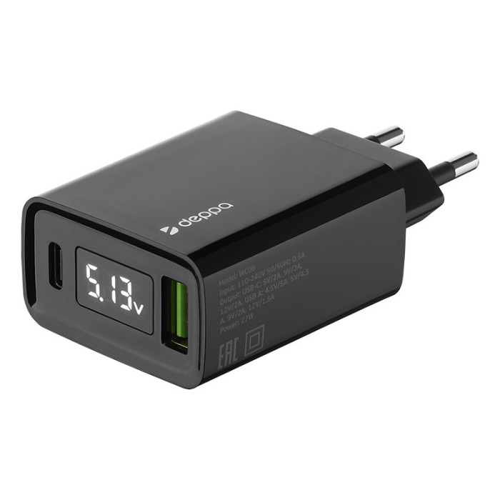 Зарядное устройство Deppa USB A + USB-C, PD, QC 3.0, 30W, дисплей, черный | Фото 4 из 4