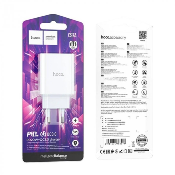 Зарядное устройство HOCO C97A 1USB+USB Type-C 3.0A Белый + USB-C кабель 1м | Фото 4 из 5