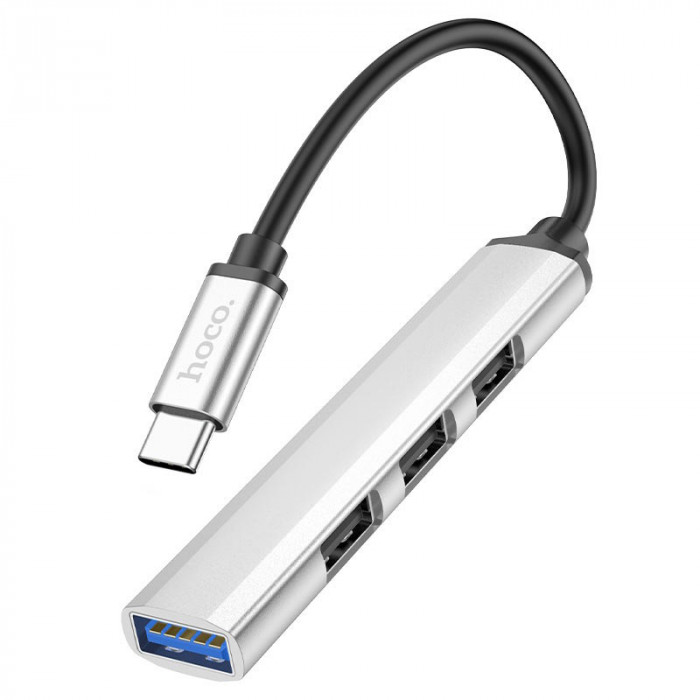 Стыковочная станция HOCO HB26 3 USB 2.0, 1 USB 3.0, кабель Type-C, Серебряный | Фото 2 из 3